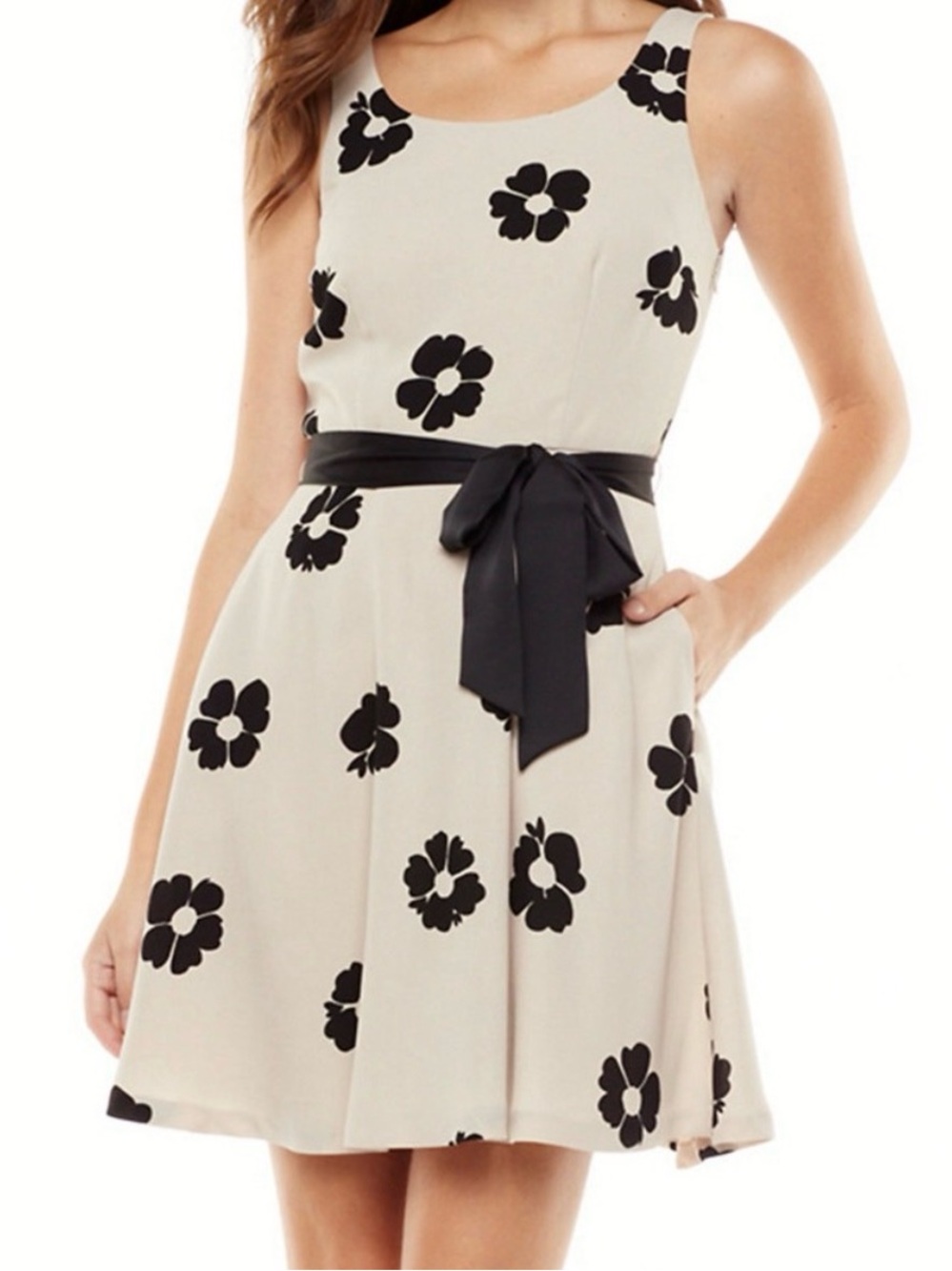LC Lauren Conrad Cream Floral Fit-and-Flare Dress with Black Waist Tie